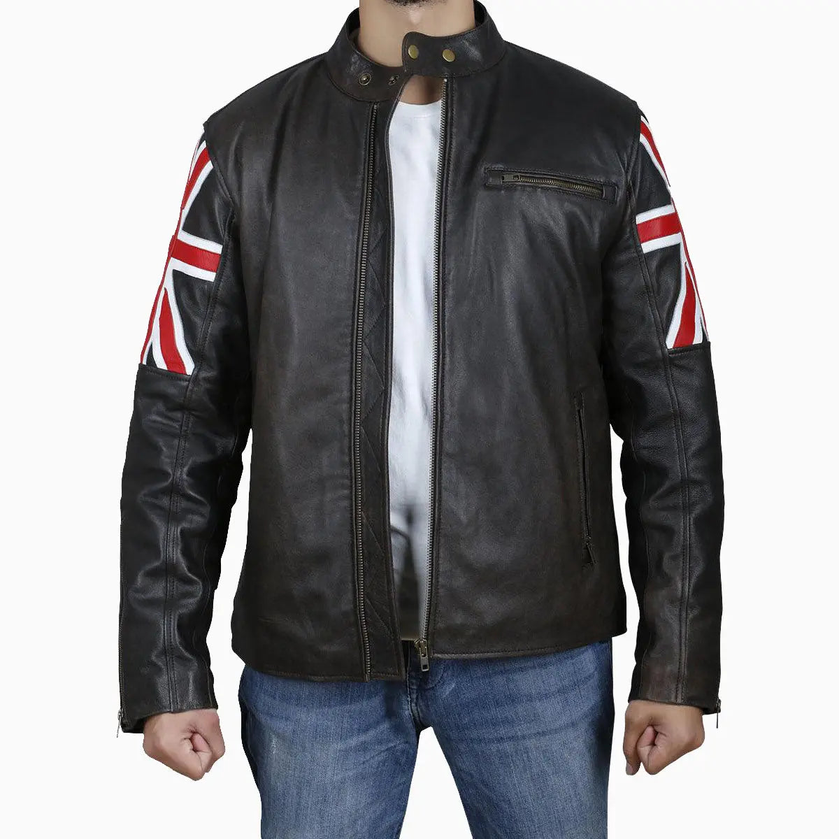 Men's Brown Leather Jacket with UK Flag Sleeves Amsel Leathers