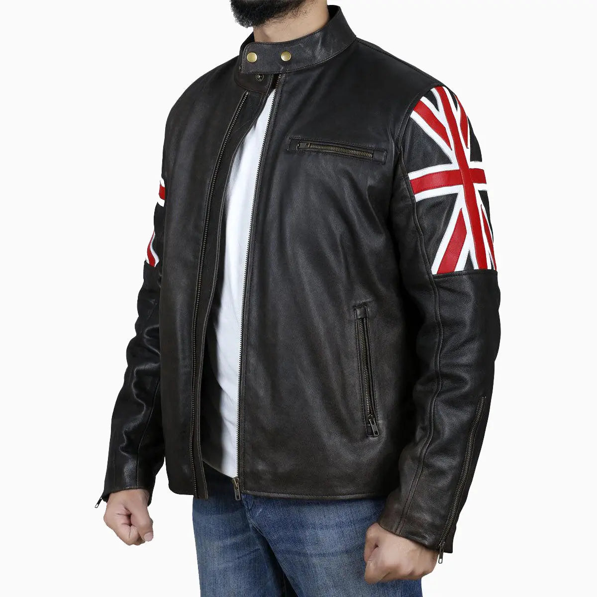 Men's Brown Leather Jacket with UK Flag Sleeves Amsel Leathers