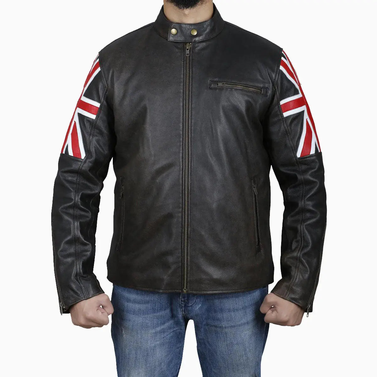 Men's Brown Leather Jacket with UK Flag Sleeves Amsel Leathers