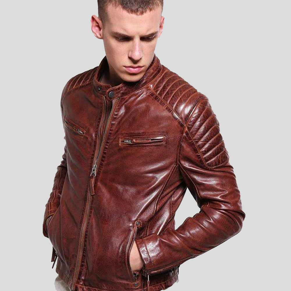 men's brown quilted leather racer jacket elias front view