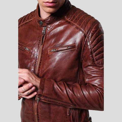 men's brown quilted leather racer jacket elias back view
