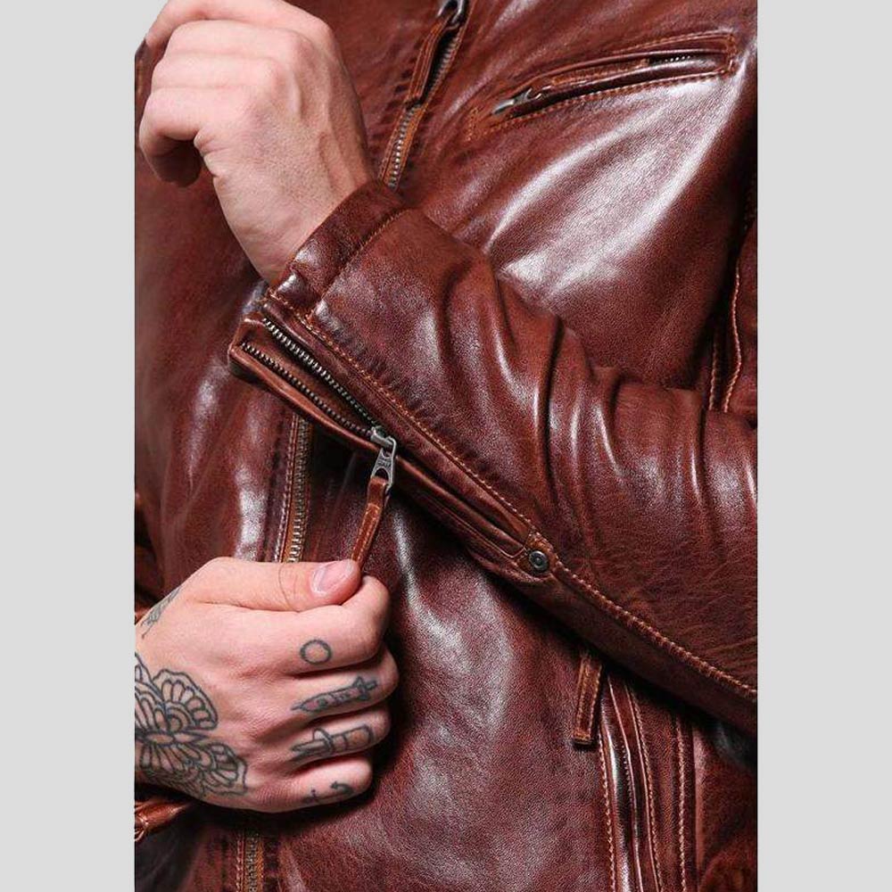 men's brown quilted leather racer jacket elias detail close up
