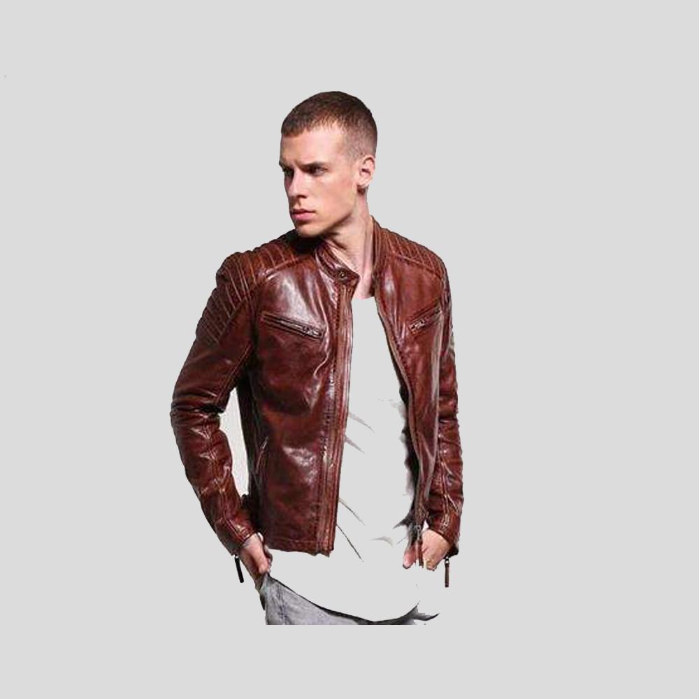 men's brown quilted leather racer jacket elias texture detail