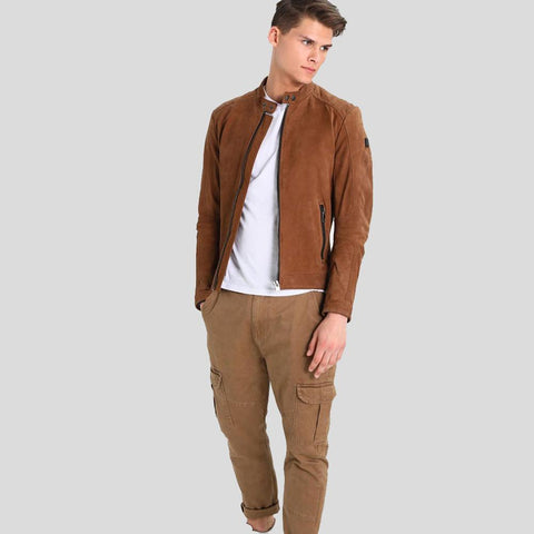 men's brown quilted lambskin suede jacket dorian detail close up