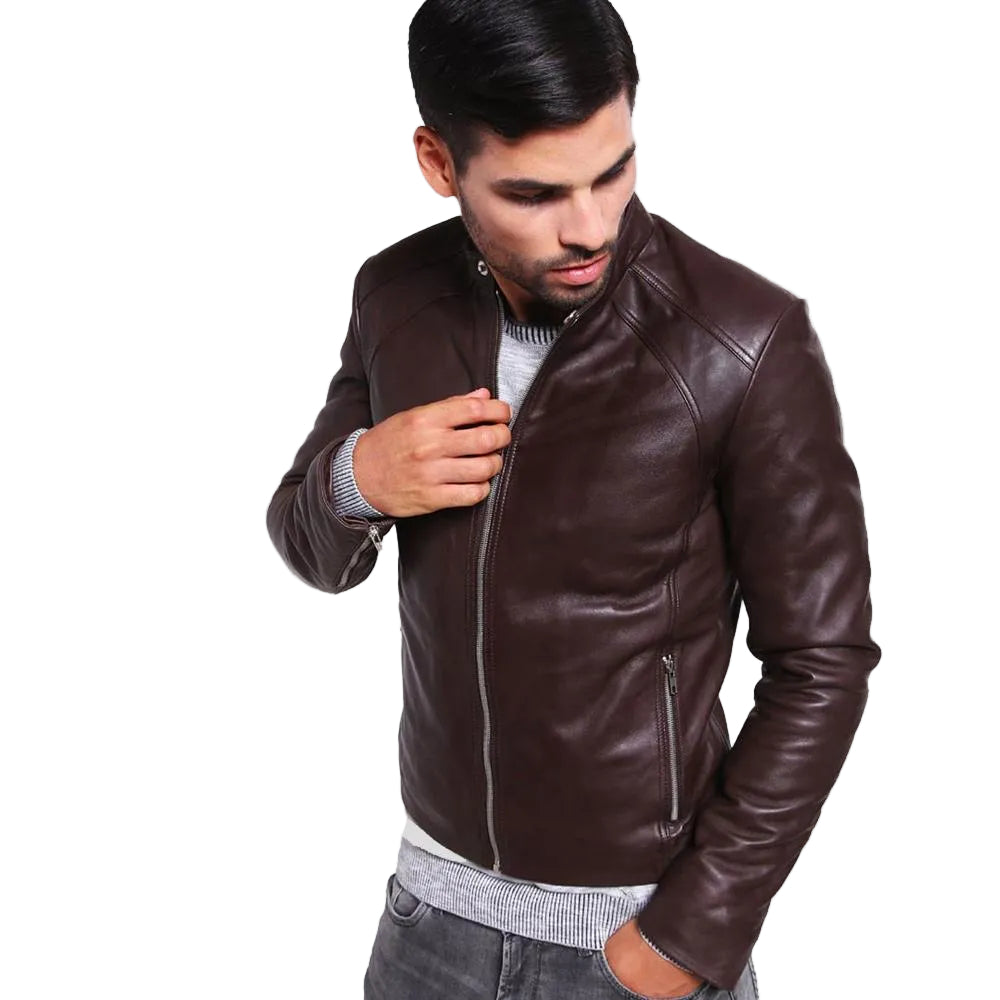 men's brown quilted lambskin leather racer jacket rowan front view