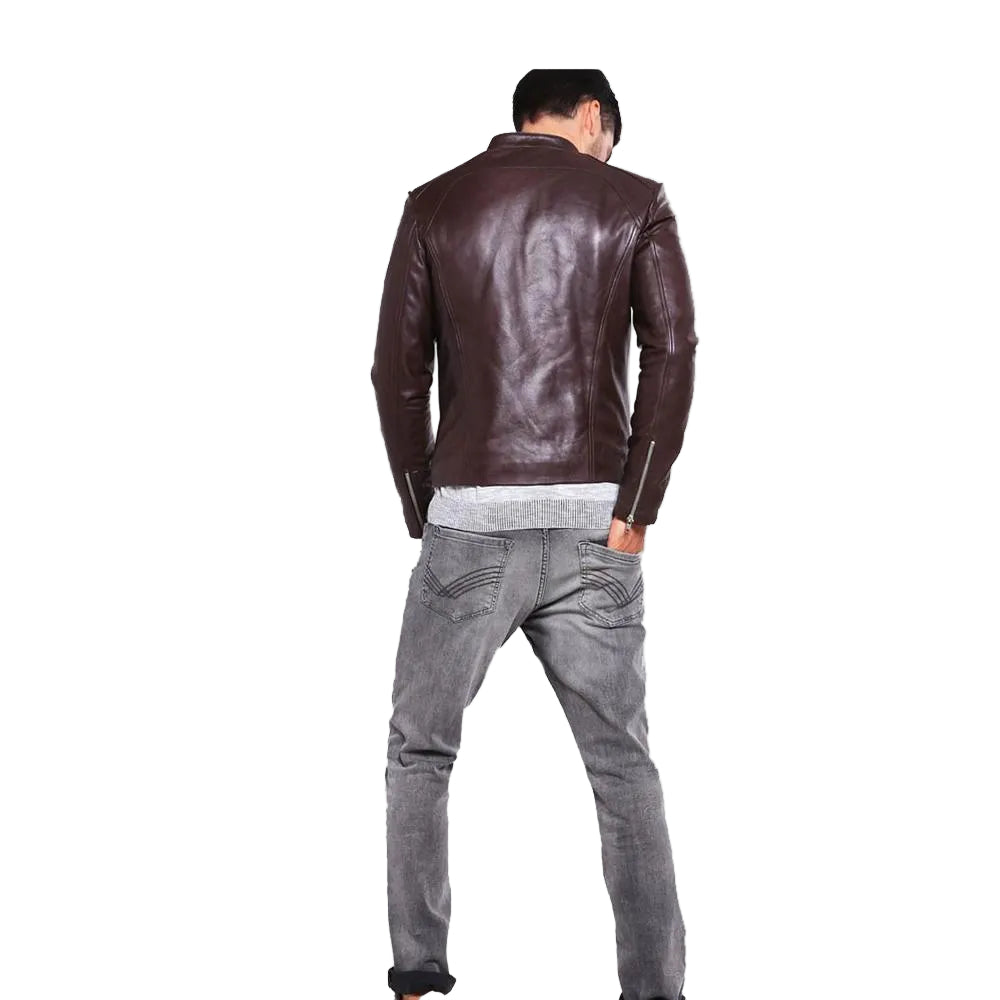 men's brown quilted lambskin leather racer jacket rowan side angle