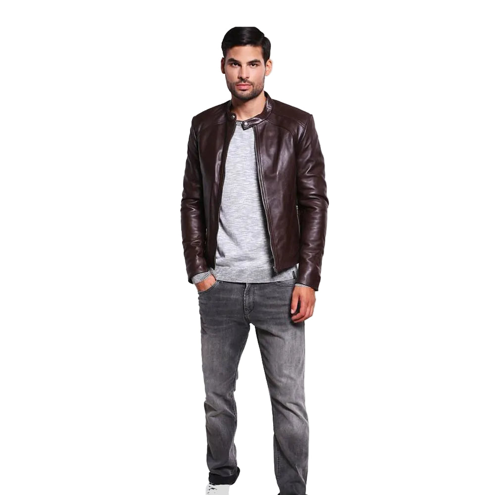 men's brown quilted lambskin leather racer jacket rowan back view