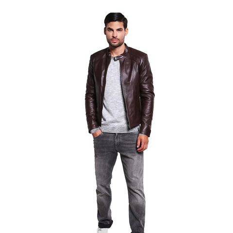 men's brown quilted lambskin leather racer jacket rowan back view