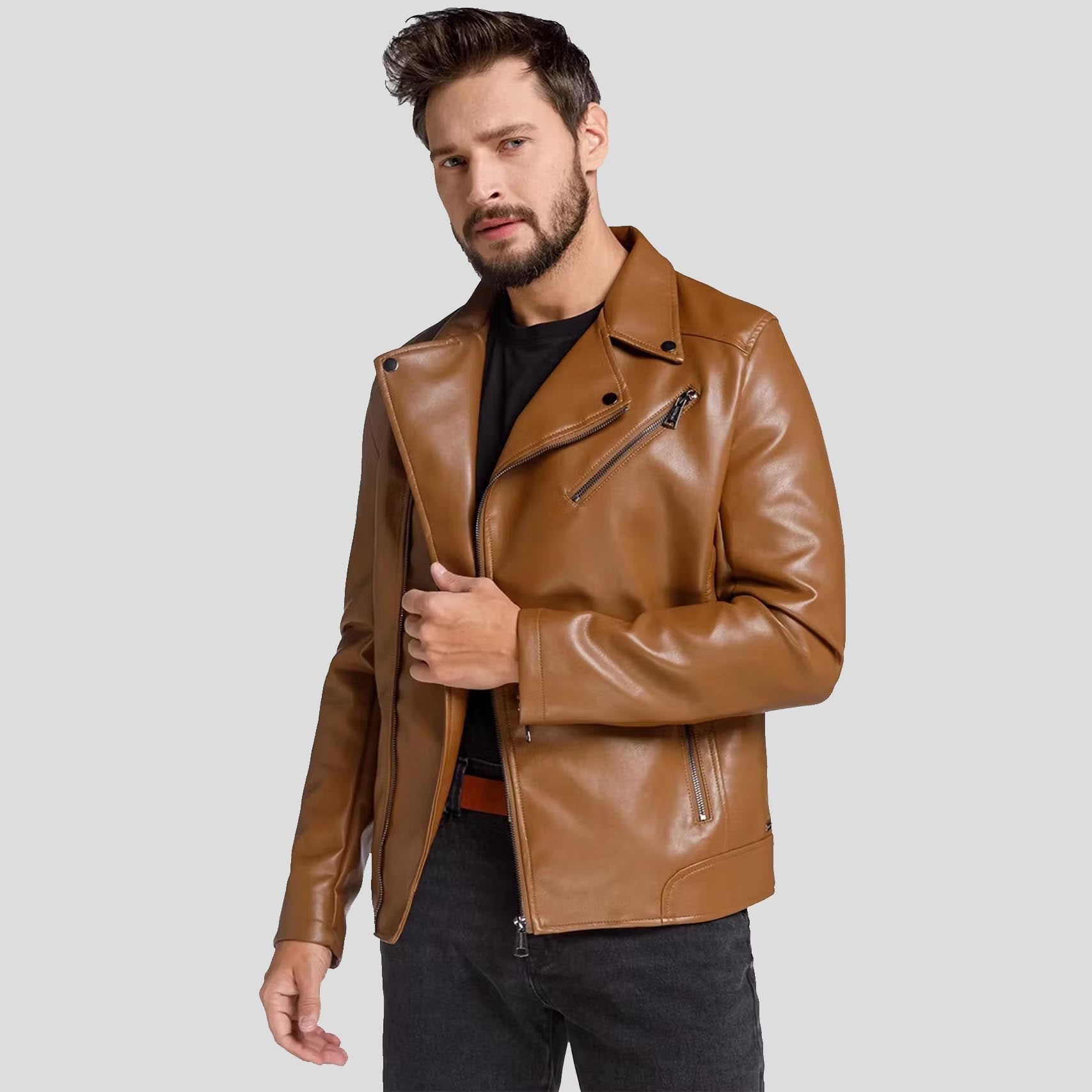 Men's Brown Perfecto Motorcycle Biker Leather Jacket - AMSEL LEATHERS