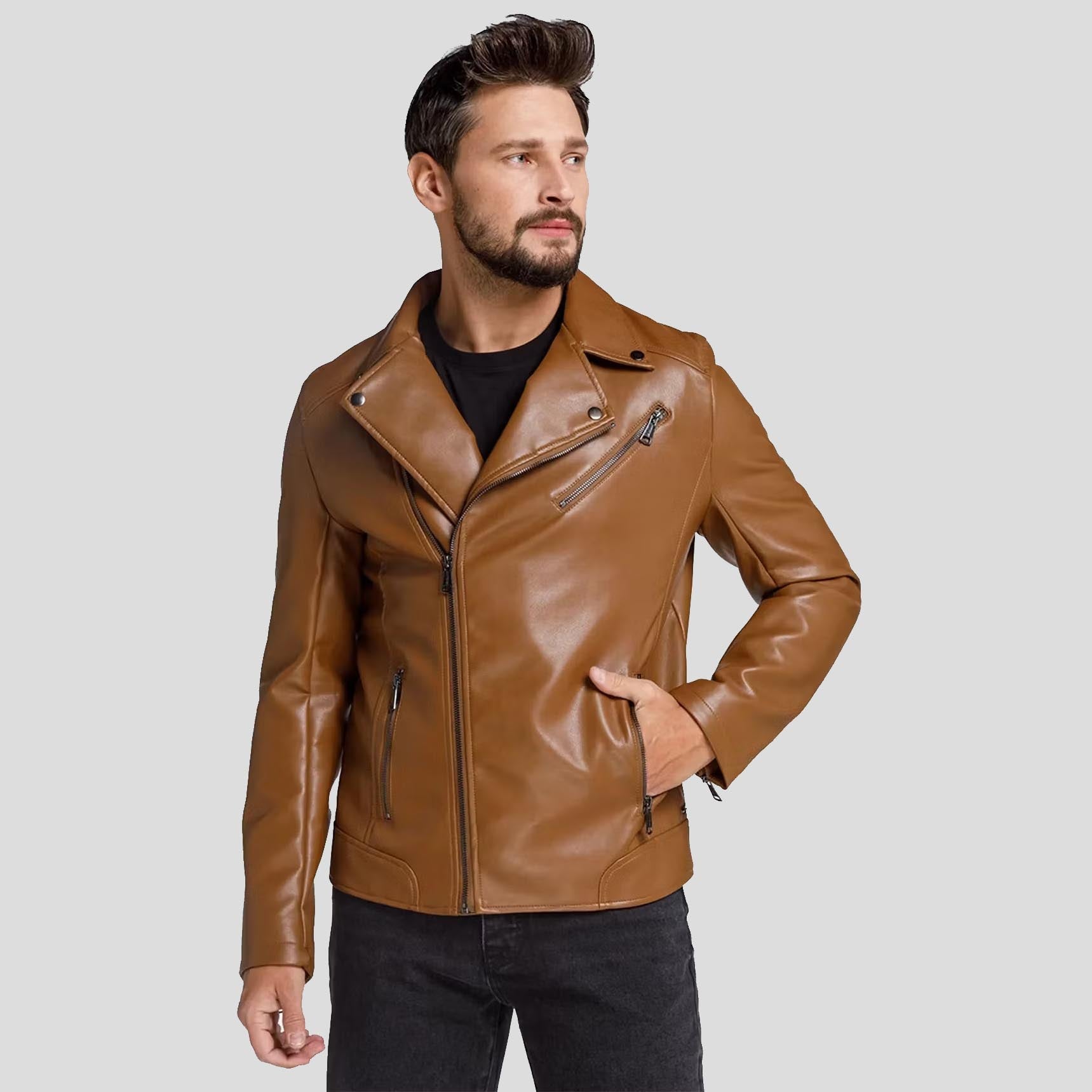 Men's Brown Perfecto Motorcycle Biker Leather Jacket - AMSEL LEATHERS