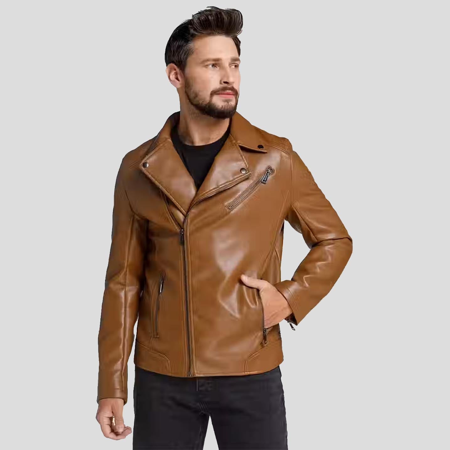 Men's Brown Perfecto Motorcycle Biker Leather Jacket - AMSEL LEATHERS