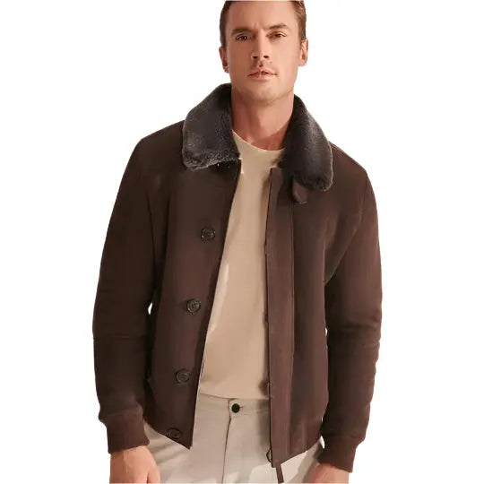 Men's Brown Shearling Aviator Leather Bomber Jacket - AMSEL LEATHERS