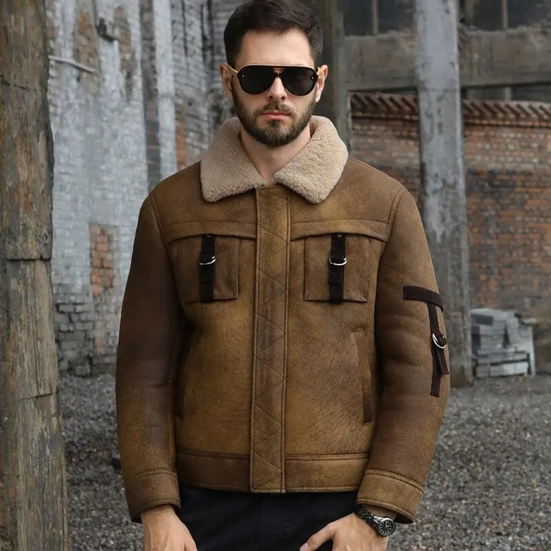 Men's Brown Shearling B3 Bomber Motorcycle Jacket - AMSEL LEATHERS