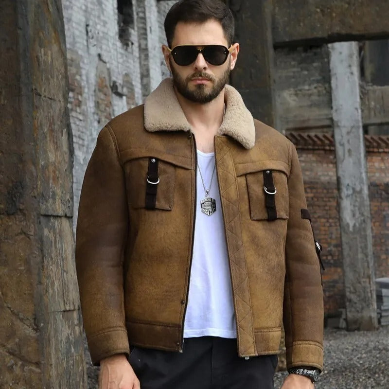 Men's Brown Shearling B3 Bomber Motorcycle Jacket - AMSEL LEATHERS