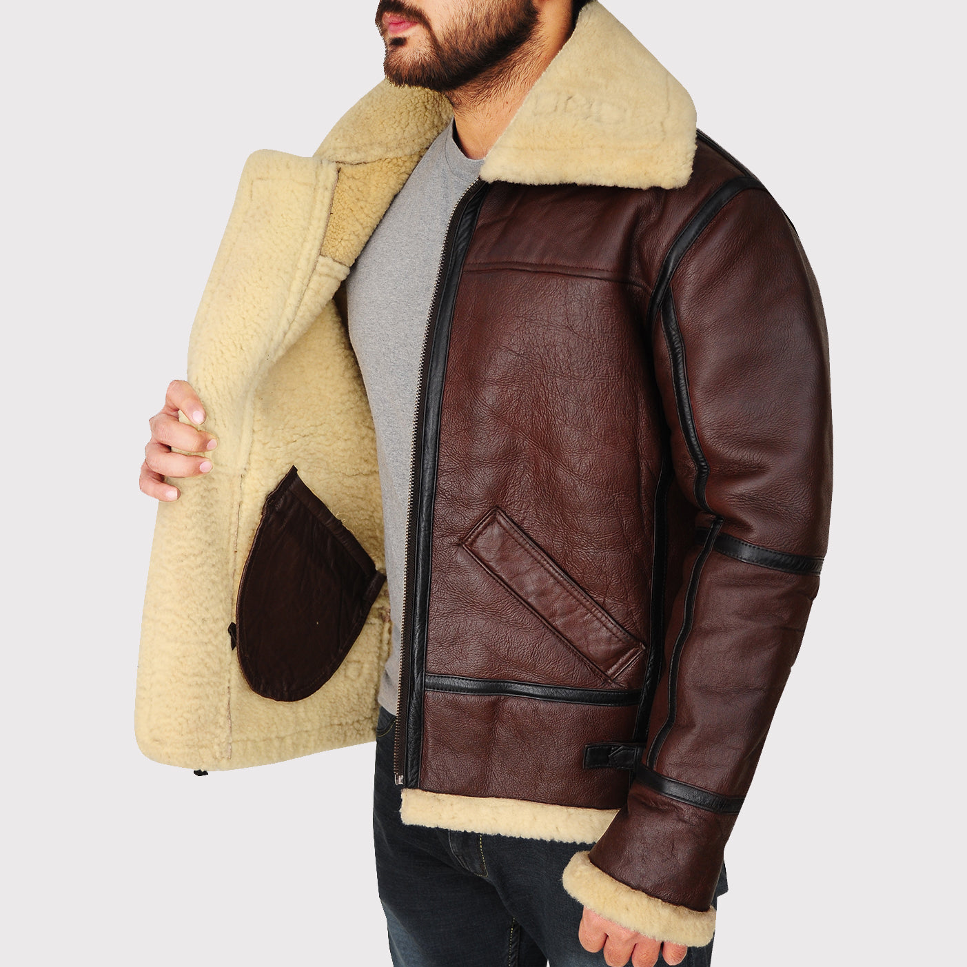 Men's Brown Shearling B3 Bomber Jacket - AMSEL LEATHERS