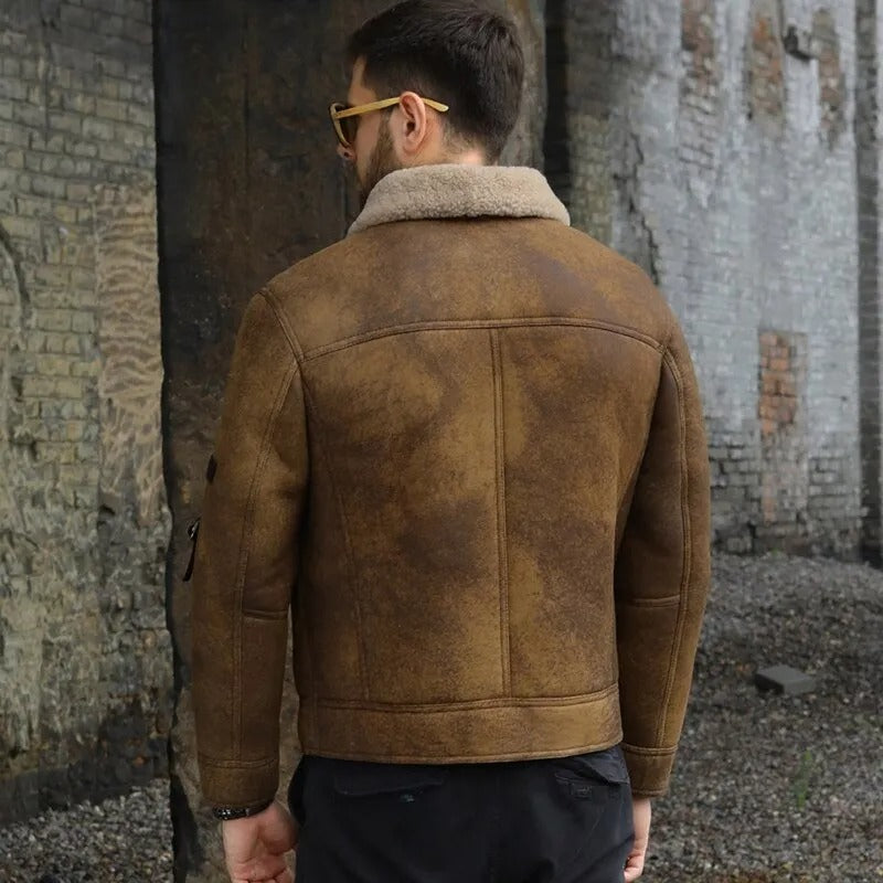 Men's Brown Shearling B3 Bomber Motorcycle Jacket - AMSEL LEATHERS