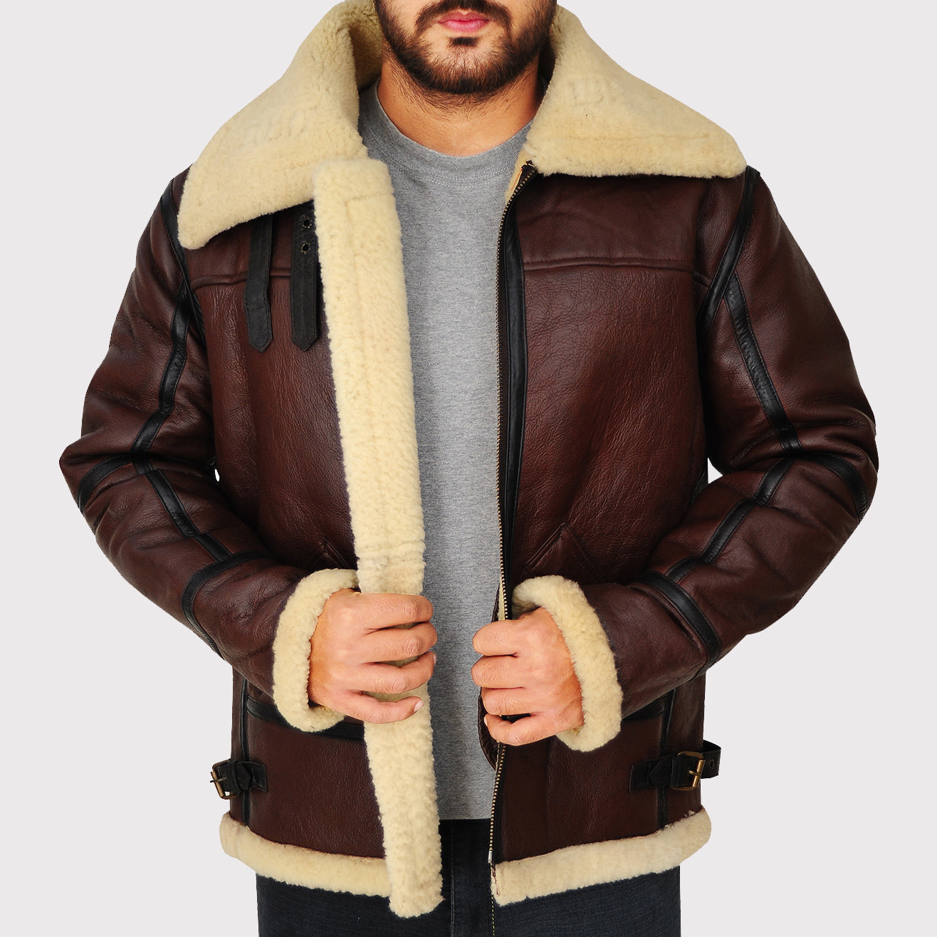 Men's Brown Shearling B3 Bomber Jacket - AMSEL LEATHERS