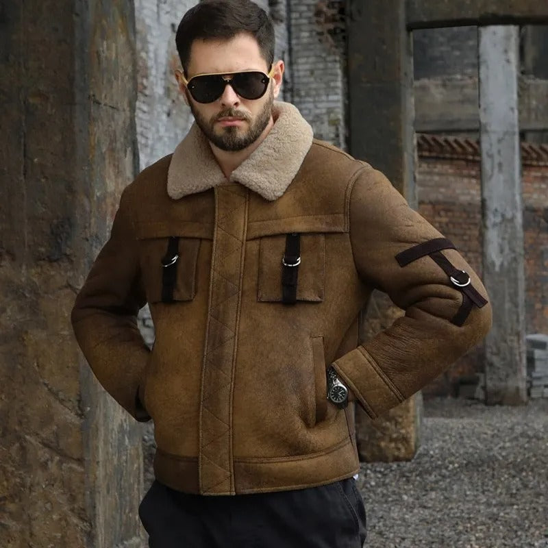 Men's Brown Shearling B3 Bomber Motorcycle Jacket - AMSEL LEATHERS