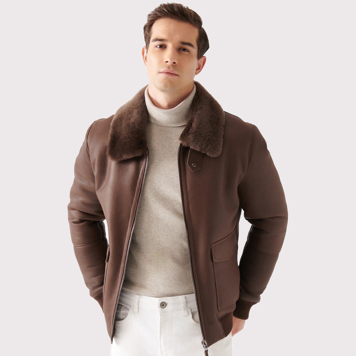 Stylish Men's Brown Shearling Bomber Jacket - AMSEL LEATHERS