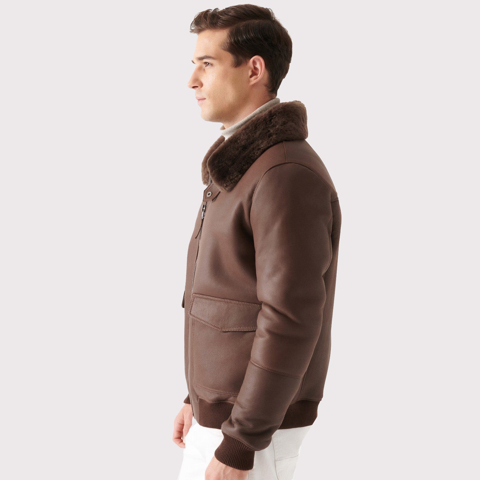 Stylish Men's Brown Shearling Bomber Jacket - AMSEL LEATHERS