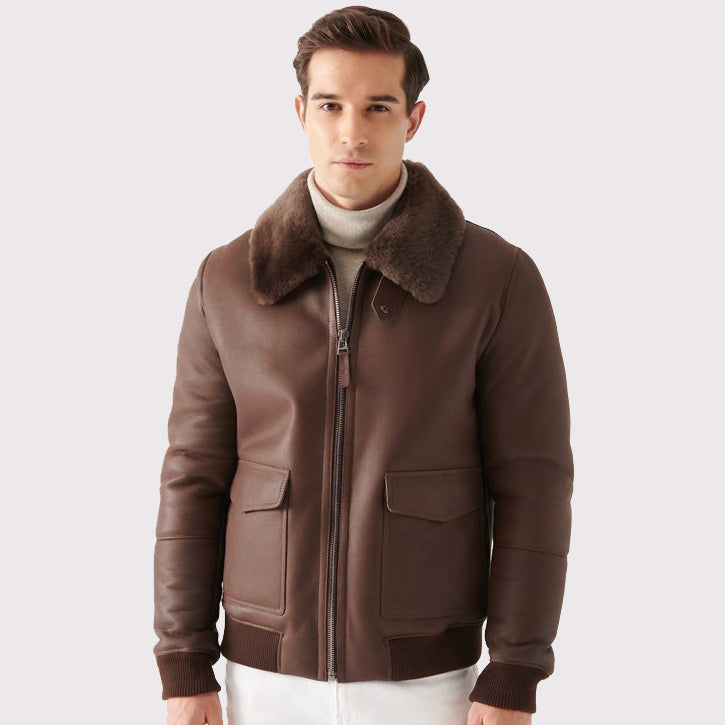 Stylish Men's Brown Shearling Bomber Jacket - AMSEL LEATHERS