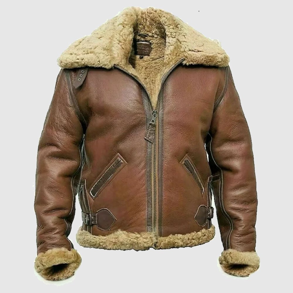 Men's Brown Shearling Fur Aviator Leather Jacket - AMSEL LEATHERS