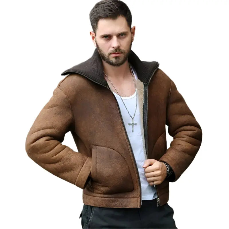 Men's Brown Shearling Lapel Jacket - AMSEL LEATHERS