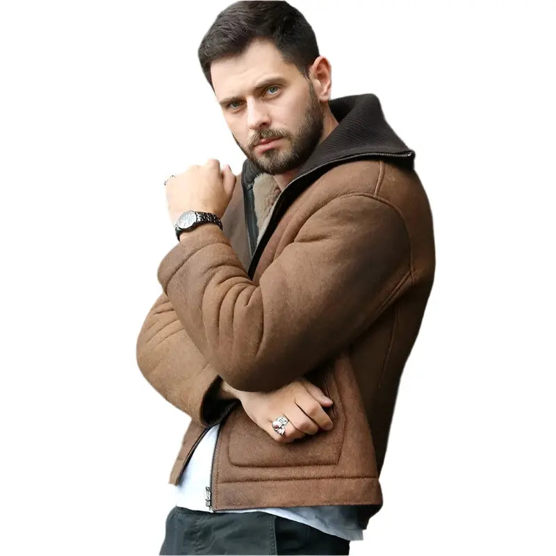 Men's Brown Shearling Lapel Jacket - AMSEL LEATHERS