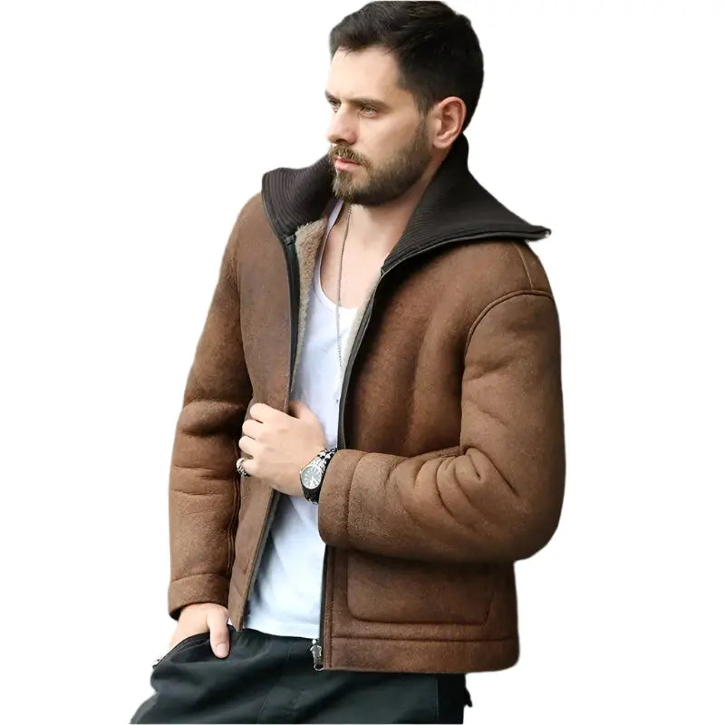 Men's Brown Shearling Lapel Jacket - AMSEL LEATHERS