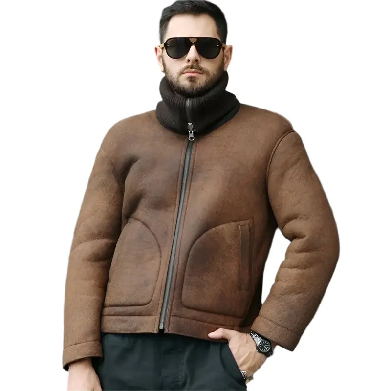 Men's Brown Shearling Lapel Jacket - AMSEL LEATHERS