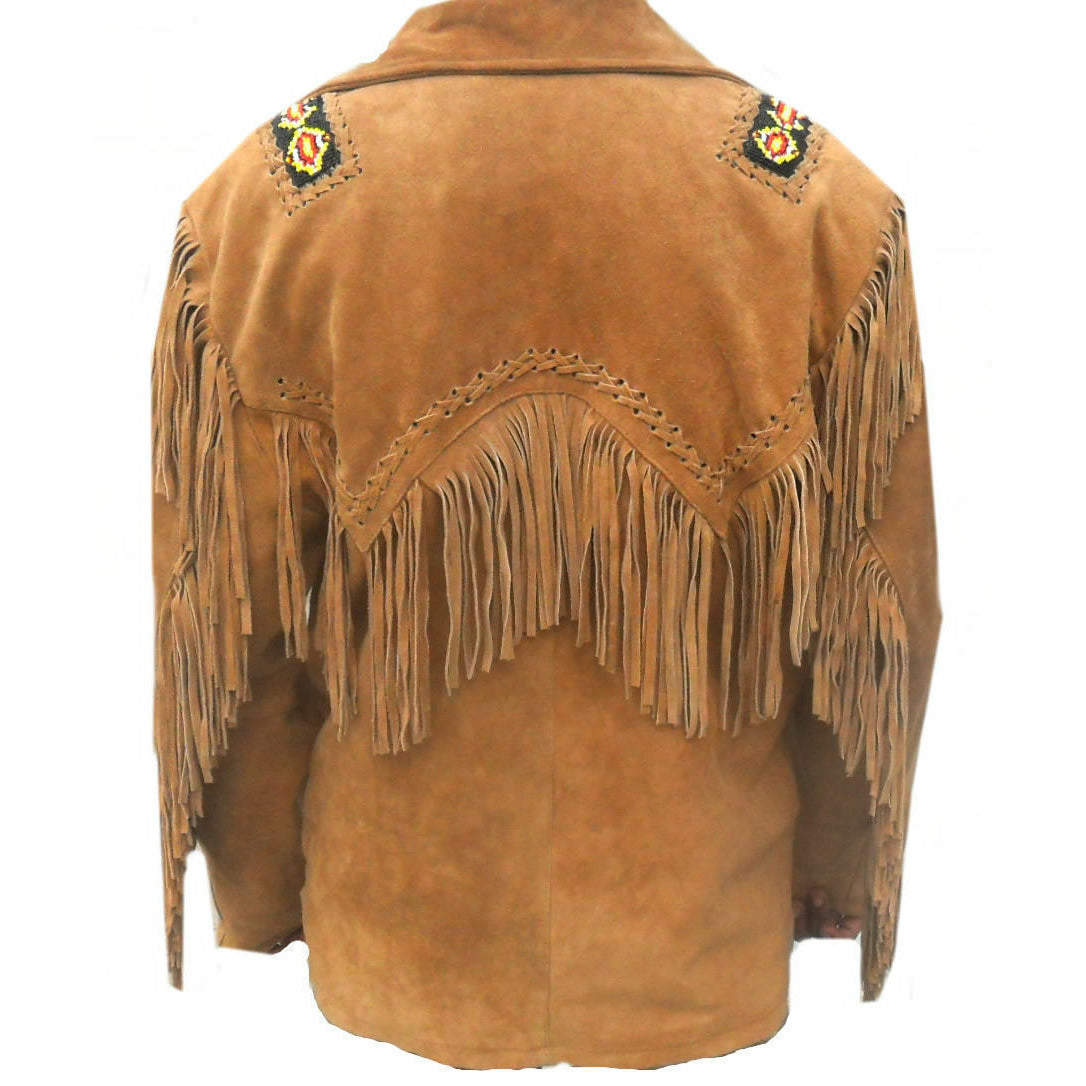 Men's Brown Suede Leather Jacket - Native American Cow-boy Fringed & Beaded Coat - AMSEL LEATHERS