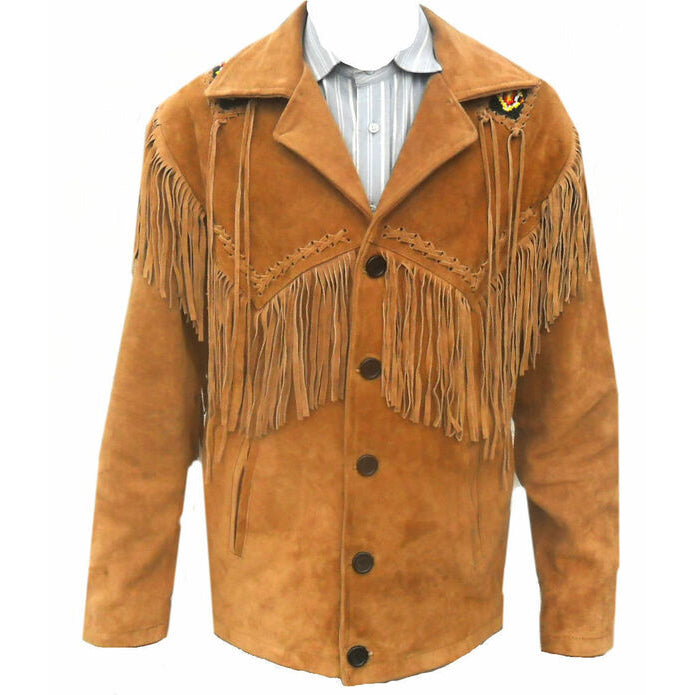 Men's Brown Suede Leather Jacket - Native American Cow-boy Fringed & Beaded Coat - AMSEL LEATHERS