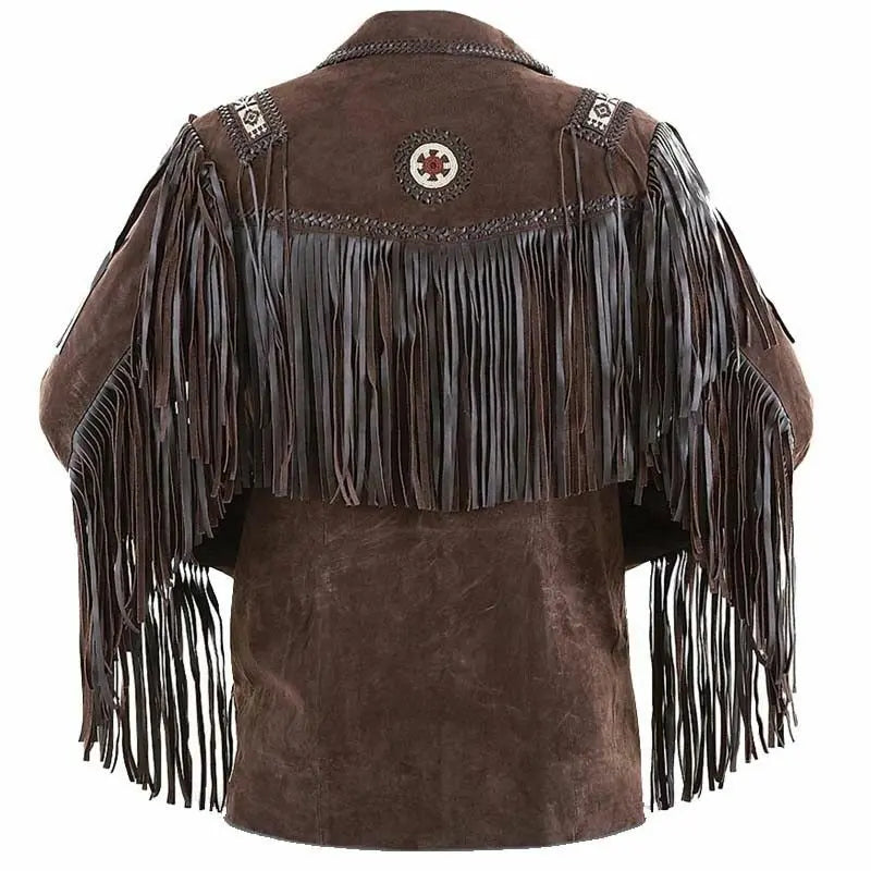 Men's Brown Suede Leather Fringed Jacket with Beaded Coat - AMSEL LEATHERS