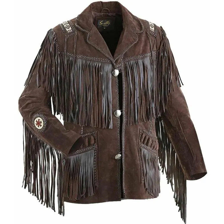 Men's Brown Suede Leather Fringed Jacket with Beaded Coat - AMSEL LEATHERS