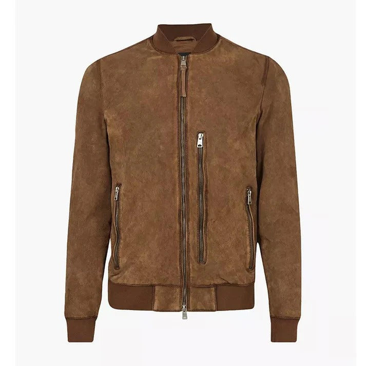 Men's Suede Real Leather Bomber Jacket In Brown - AMSEL LEATHERS