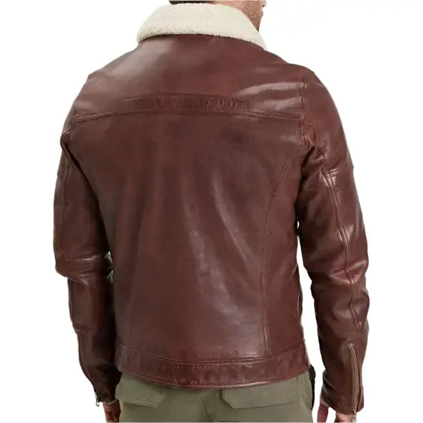 Men's Brown Washed Lambskin Leather Jacket with Faux Fur Collar - AMSEL LEATHERS