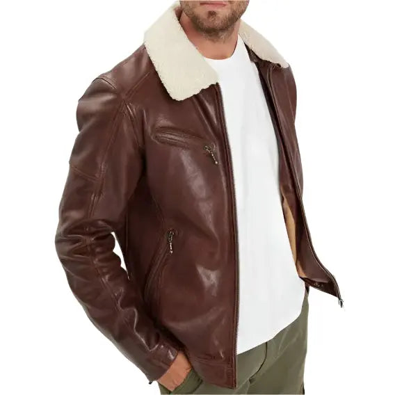 Men's Brown Washed Lambskin Leather Jacket with Faux Fur Collar - AMSEL LEATHERS