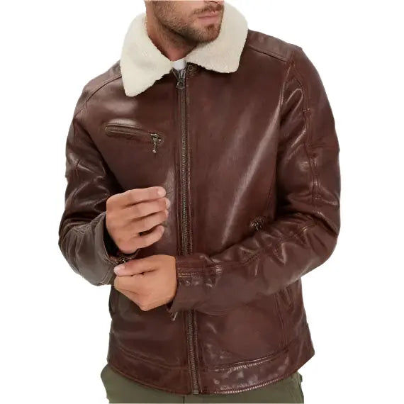 Men's Brown Washed Lambskin Leather Jacket with Faux Fur Collar - AMSEL LEATHERS