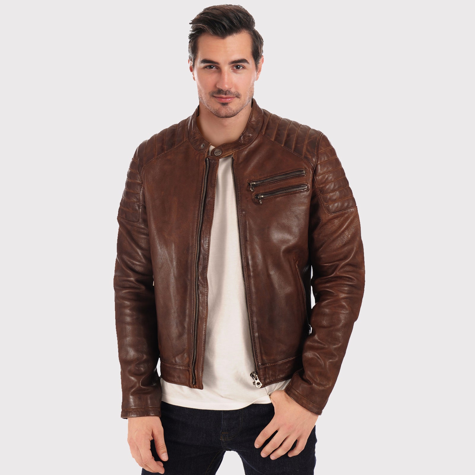 Men’s Brown Waxed Leather Biker Jacket - AMSEL LEATHERS