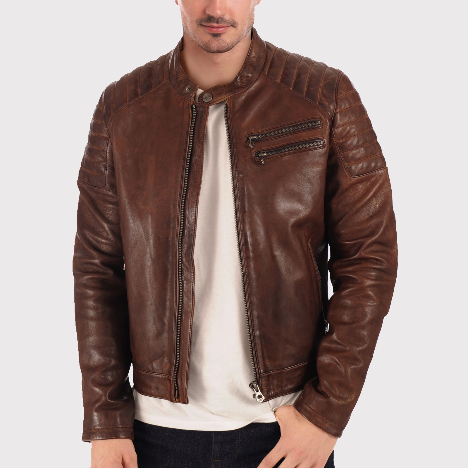 Men’s Brown Waxed Leather Biker Jacket - AMSEL LEATHERS