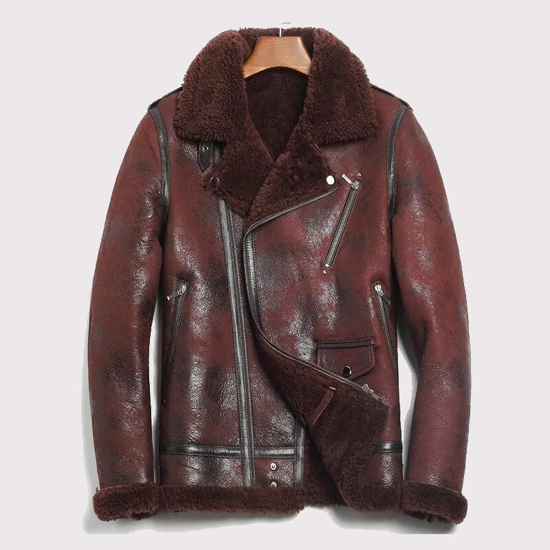 Men's Burgundy B-3 Bomber Sheepskin Motorcycle Jacket - AMSEL LEATHERS