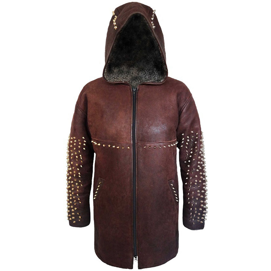 Men's Burgundy Leather Jacket - Metallic Studs, Back Zipper, Belted Stylish Long Coat - AMSEL LEATHERS