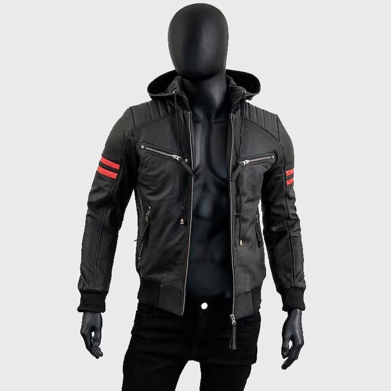 Men's Café Racer Motorcycle Black Leather Jacket with Removable Hood - AMSEL LEATHERS