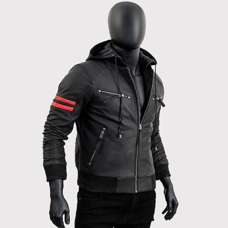 Men's Café Racer Motorcycle Black Leather Jacket with Removable Hood - AMSEL LEATHERS