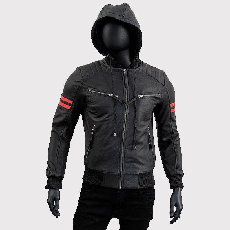 Men's Café Racer Motorcycle Black Leather Jacket with Removable Hood - AMSEL LEATHERS