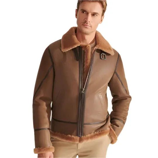 Men's Camel Brown B3 Shearling Aviator Leather Jacket - AMSEL LEATHERS