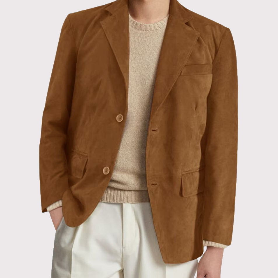 Men's Camel Brown Suede Leather Blazer Coat - AMSEL LEATHERS