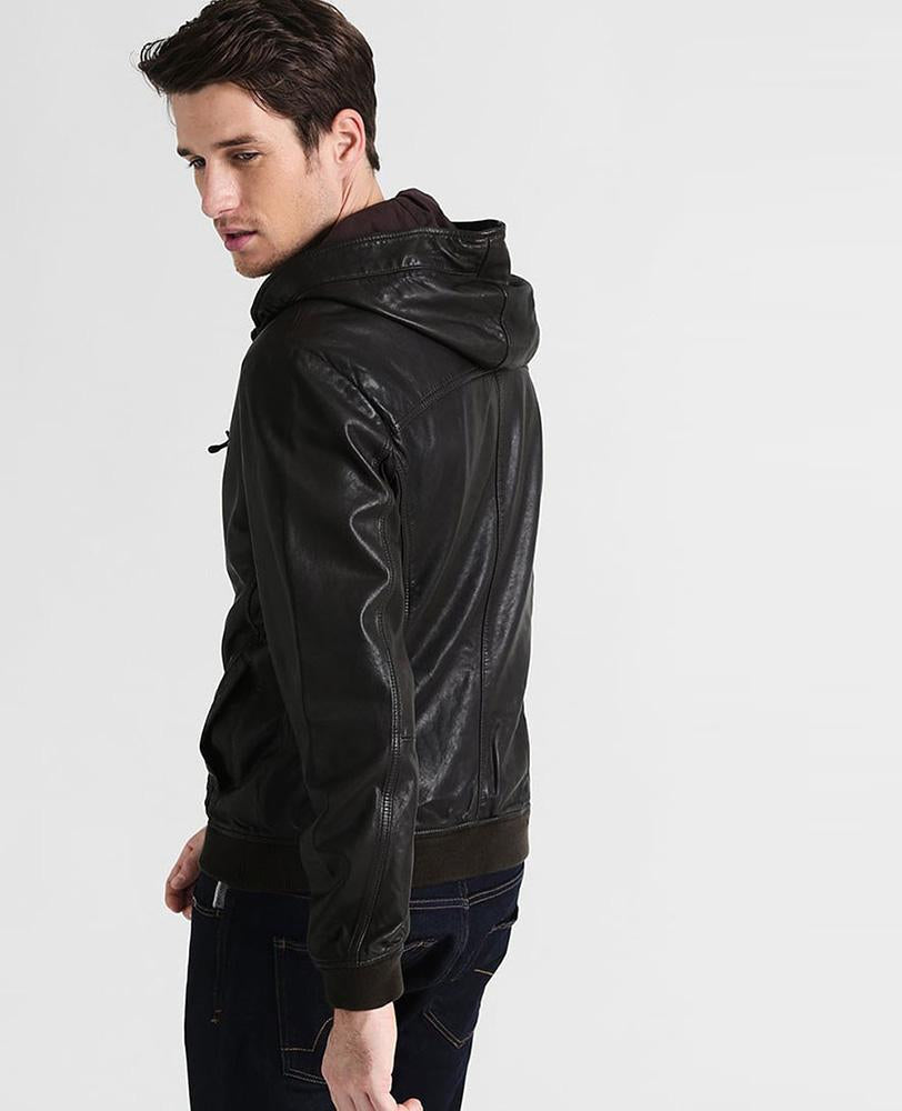 men's black hooded lambskin leather bomber jacket gideon side angle