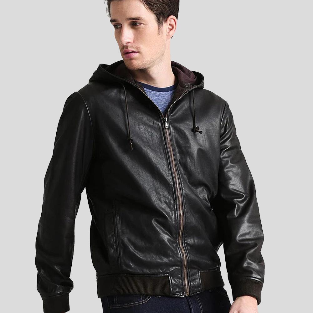 men's black hooded lambskin leather bomber jacket gideon front view
