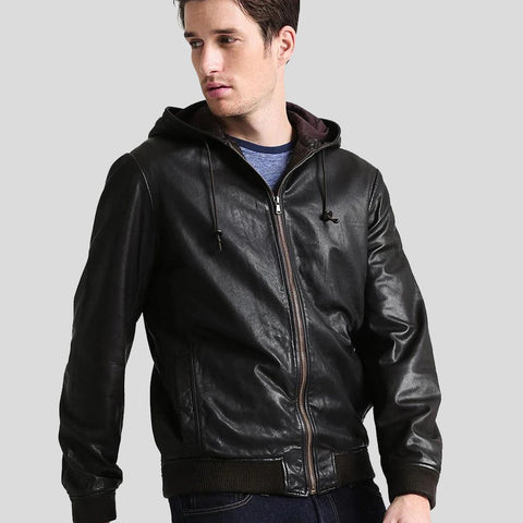men's black hooded lambskin leather bomber jacket gideon front view